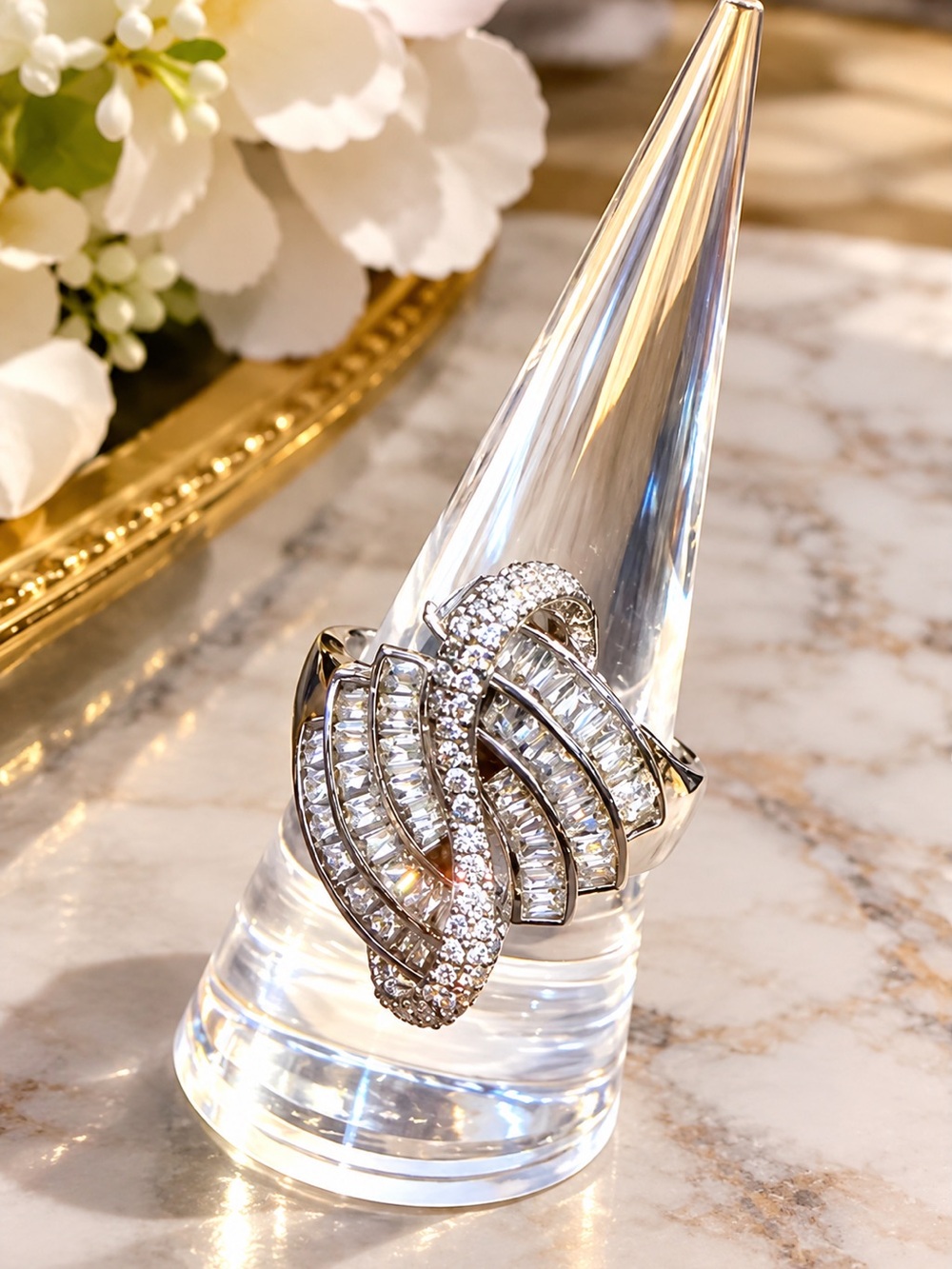 Sterling Silver White Crystal Knot Cocktail Ring